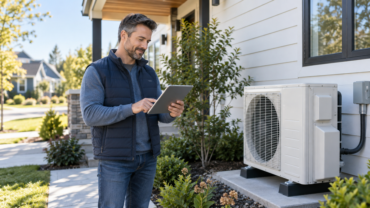 Homeowner reviewing 2026 heat pump incentive options beside an outdoor heat pump