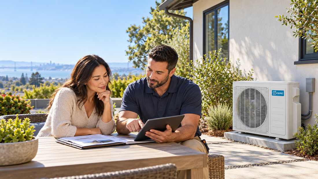 Bay Area homeowner and HVAC contractor reviewing heat pump rebate requirements beside a ZERO HVAC outdoor unit