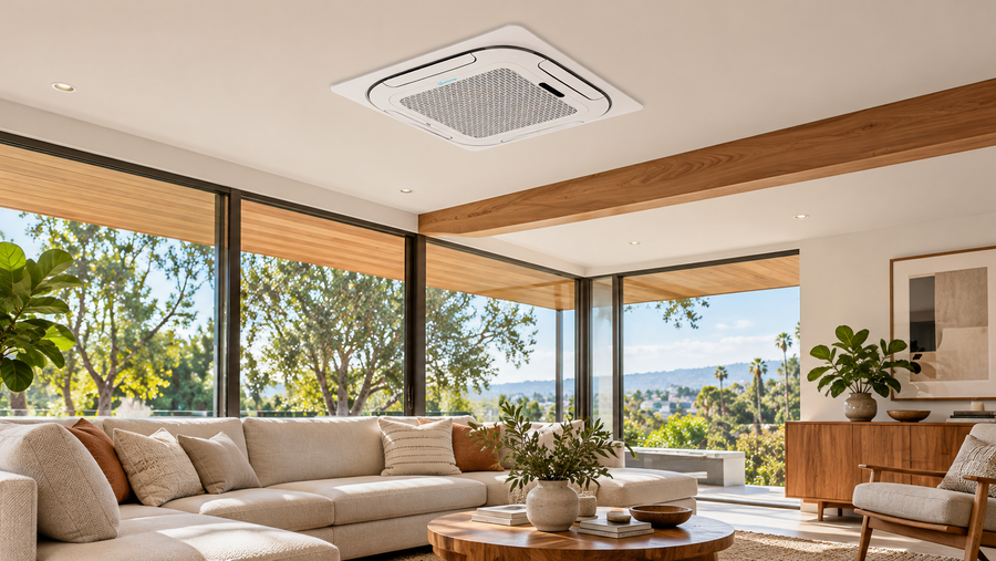 Conceptual California living room with a ZERO ceiling cassette based on an existing product photograph