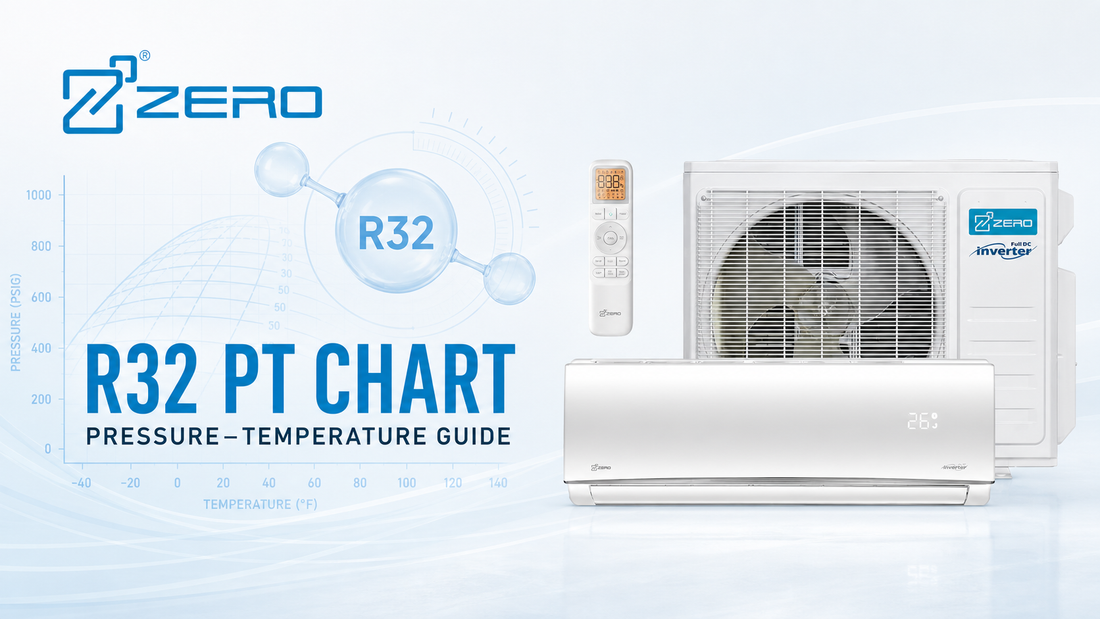 ZERO R32 PT chart pressure-temperature guide featuring the Z-MAX R32 mini split system