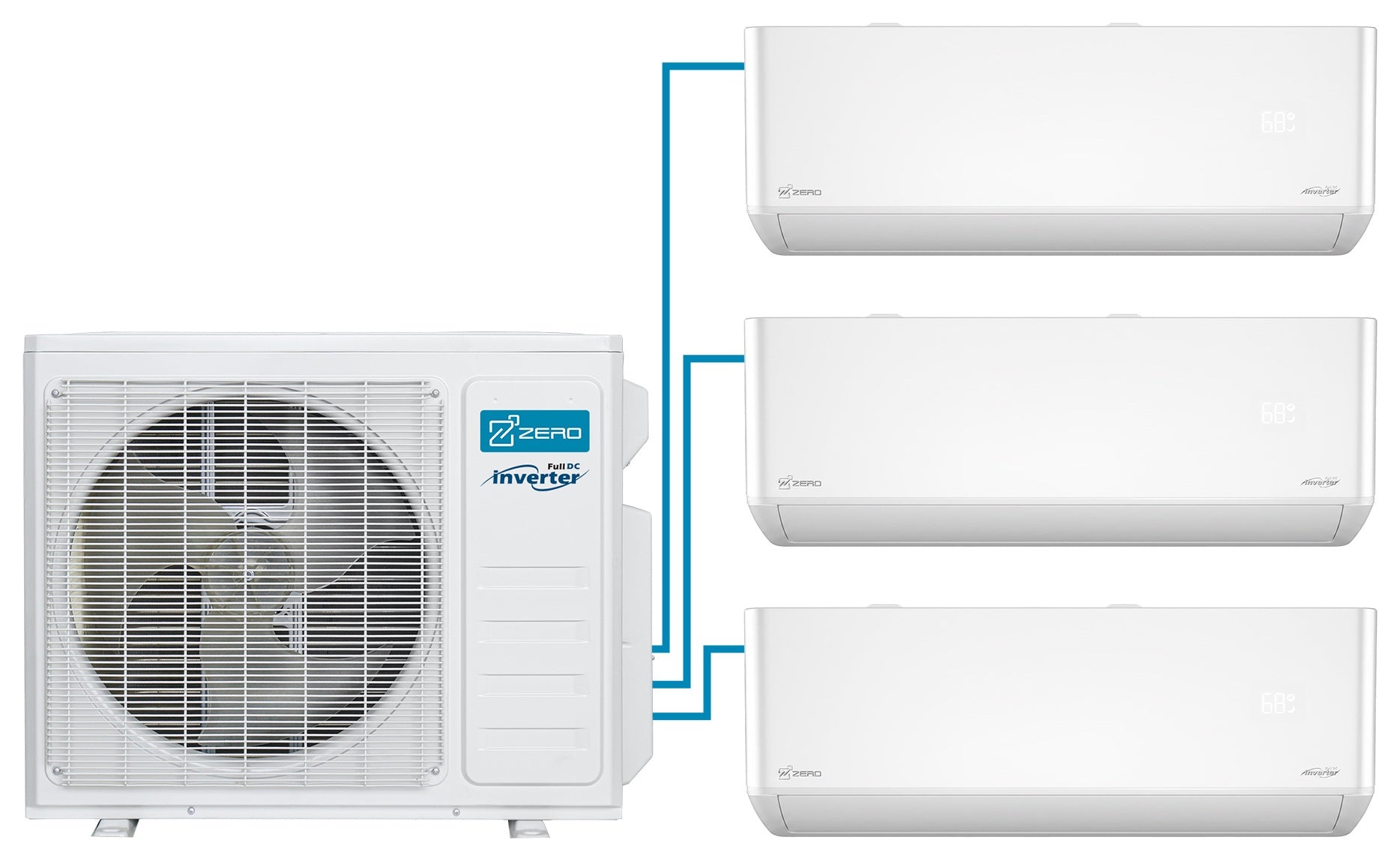 ZERO Z-MAX multi-zone outdoor unit connected to three wall-mounted indoor units