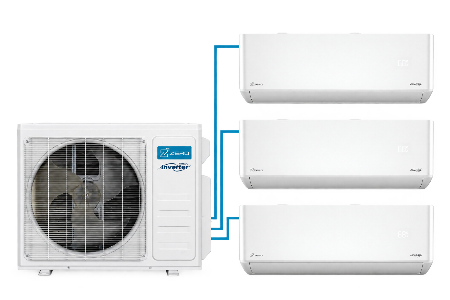 ZERO Z-MAX outdoor unit with three separate refrigerant line connections to three wall-mounted indoor units