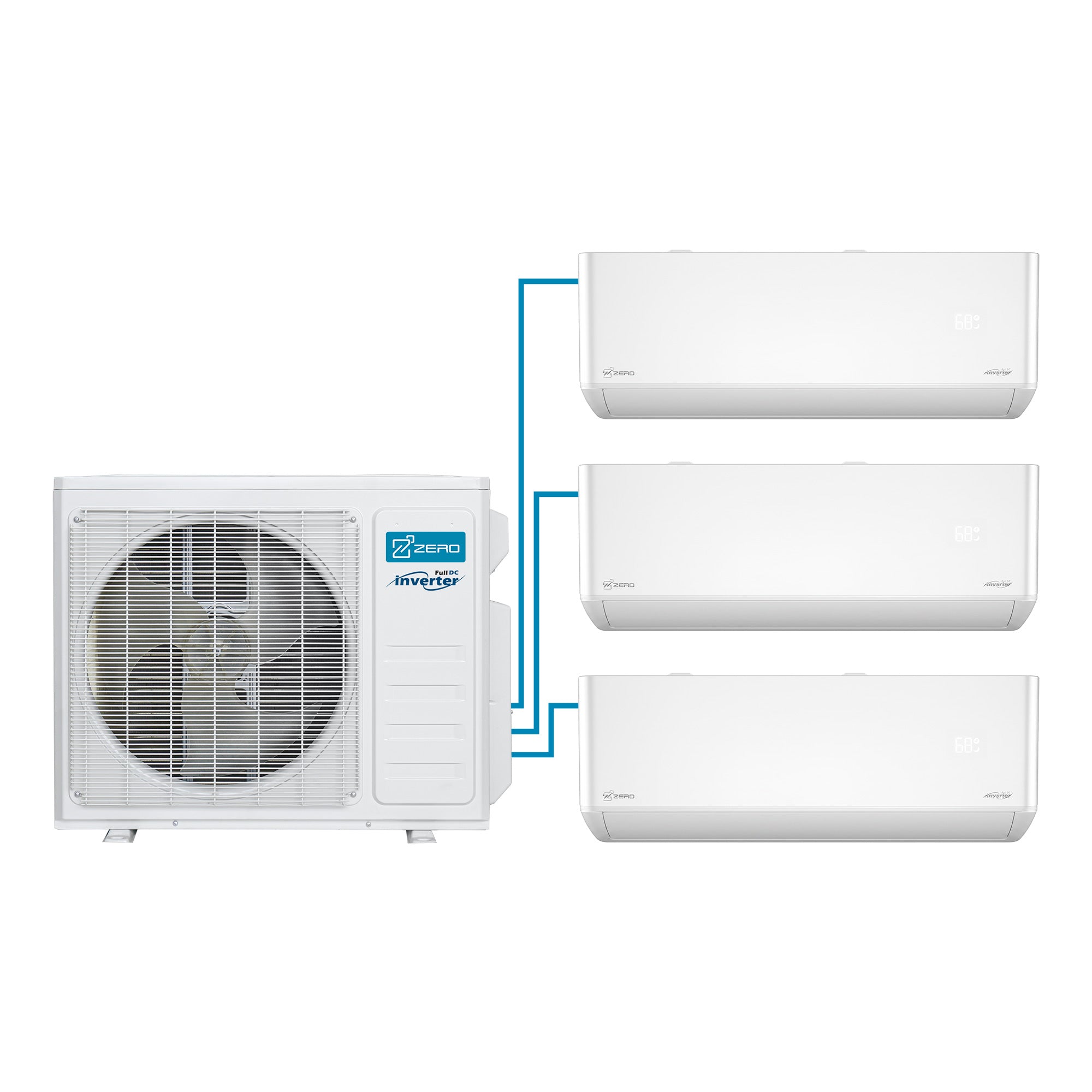 ZERO Z-MAX outdoor unit with three separate refrigerant line connections to three wall-mounted indoor units