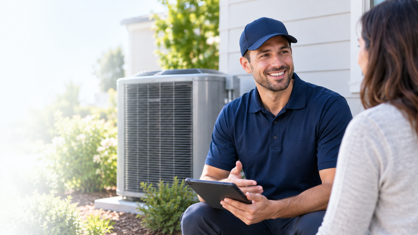 HVAC technician discussing a home comfort project with a homeowner
